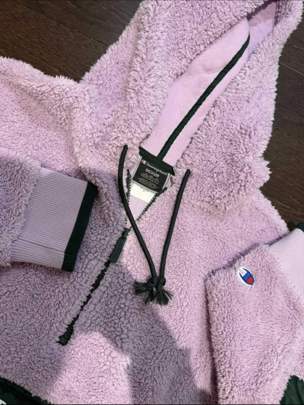 Champion Lavender Sherpa Hoodie with Green Pocket Accents - Picture 2 of 3